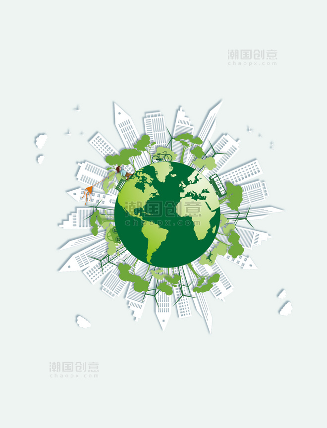环境绿色地球和城市剪影节能扁平