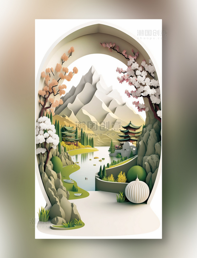 立体剪纸折纸风格中国风景场景插画数字作品AI绘画数字插画