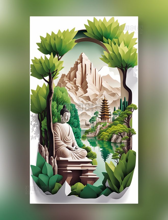 立体剪纸折纸风格中国风景古佛塔寺庙场景插画数字作品AI绘画数字插画