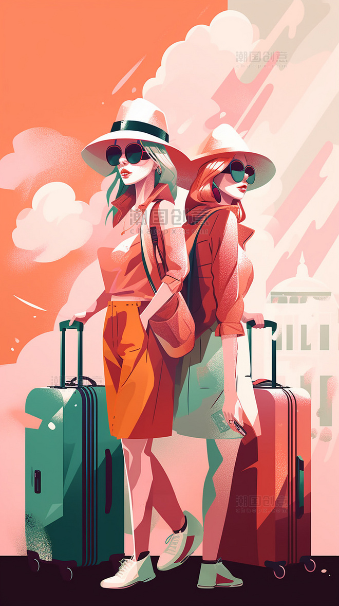 美式复古扁平风插画旅行行李箱数字作品AI作品数字插画