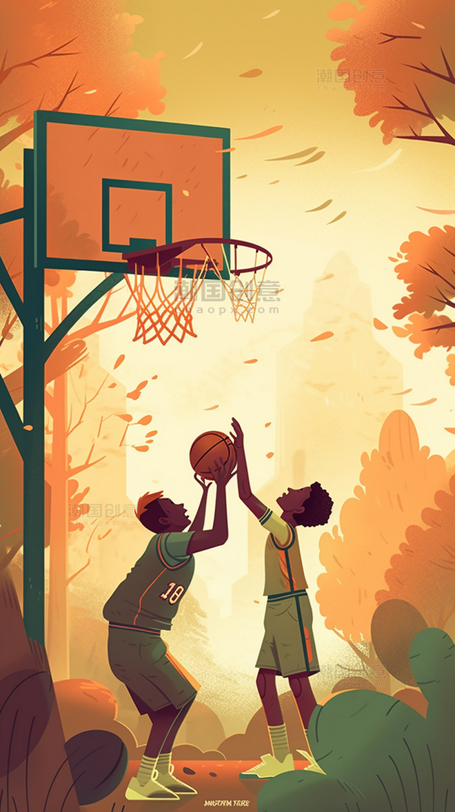 美式复古扁平风插画男孩打篮球运动数字作品AI作品数字插画