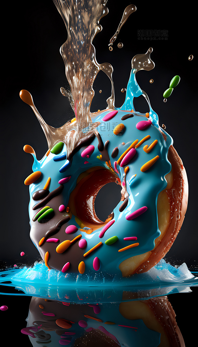 甜甜圈飞溅立体美食甜食蓝色数字插画