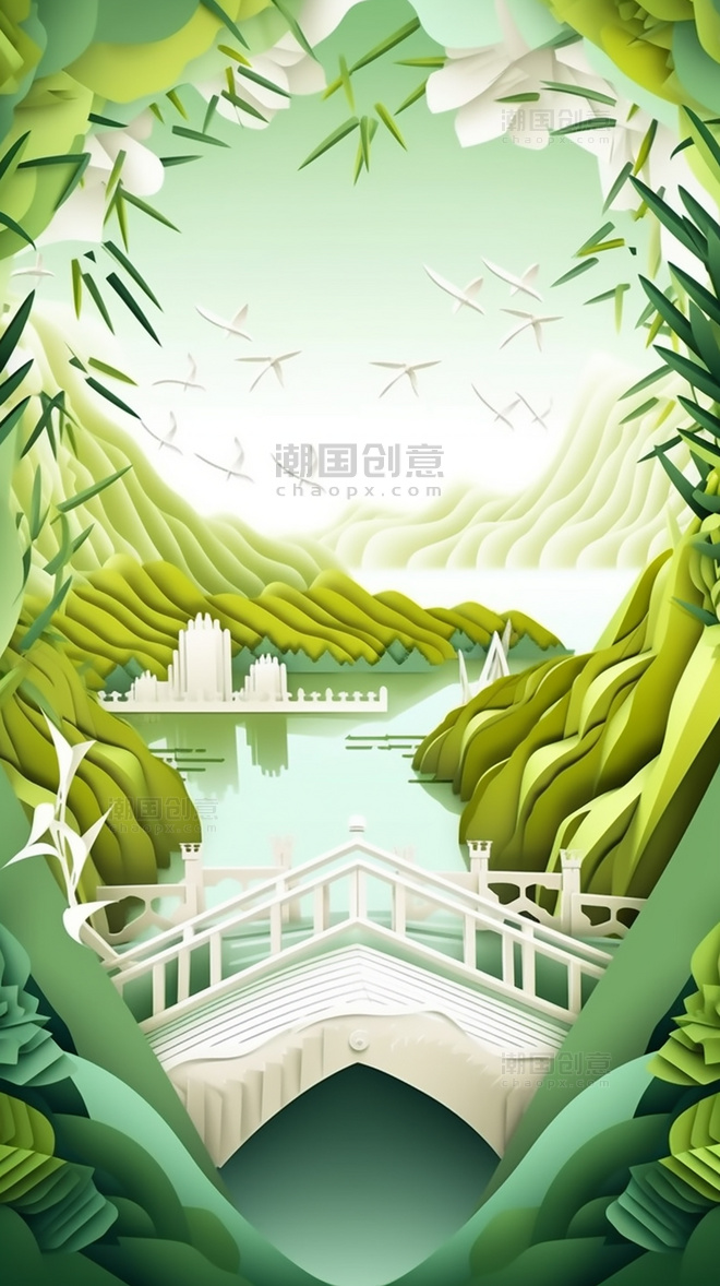 折纸风剪纸春季中国风花鸟亭子树木山水数字作品AI作品数字插画