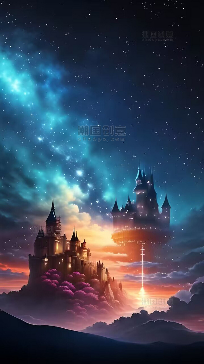 童话世界神秘城堡星空云彩银河夜晚城堡