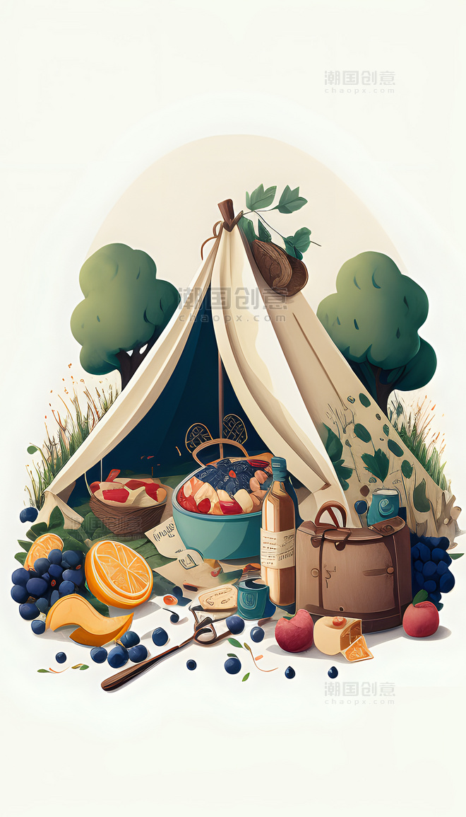 野餐水果食物卡通可爱春游数字插画
