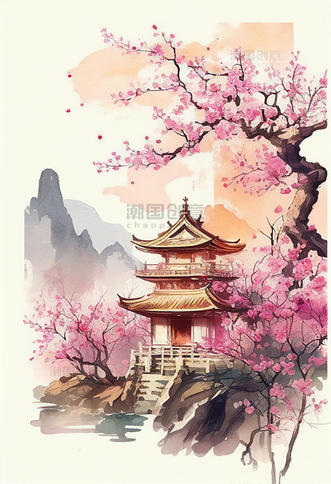 中国风水彩风中式园林建筑樱花插画风景数字插画