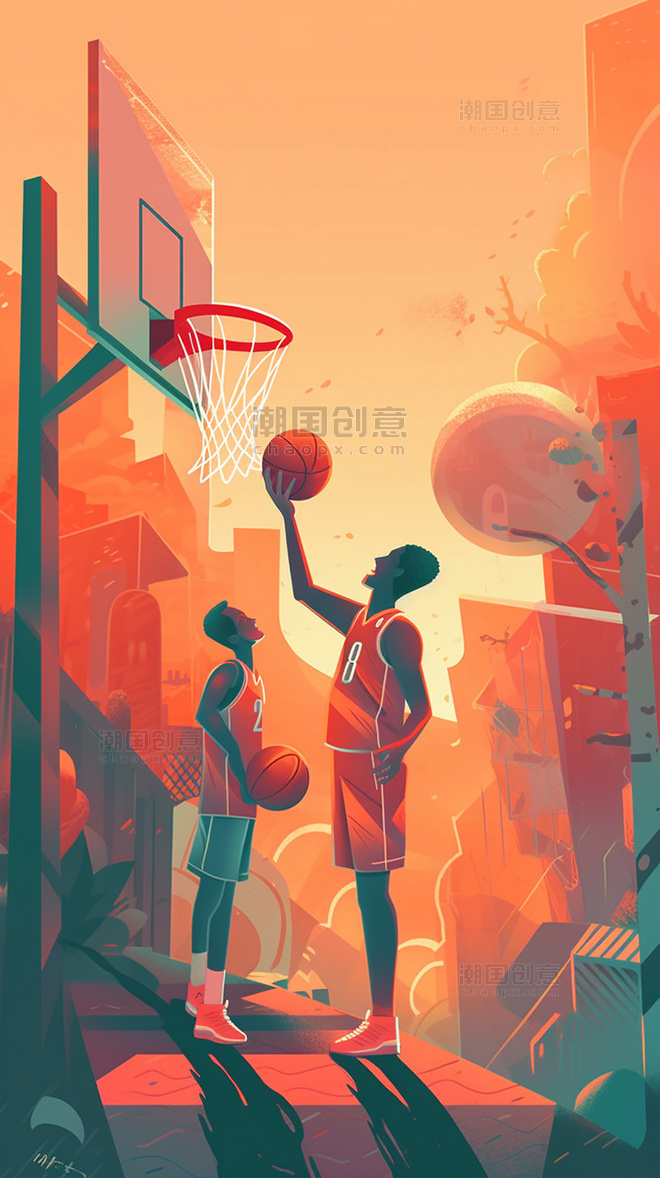 美式复古扁平风插画男孩打篮球运动数字作品AI作品数字插画