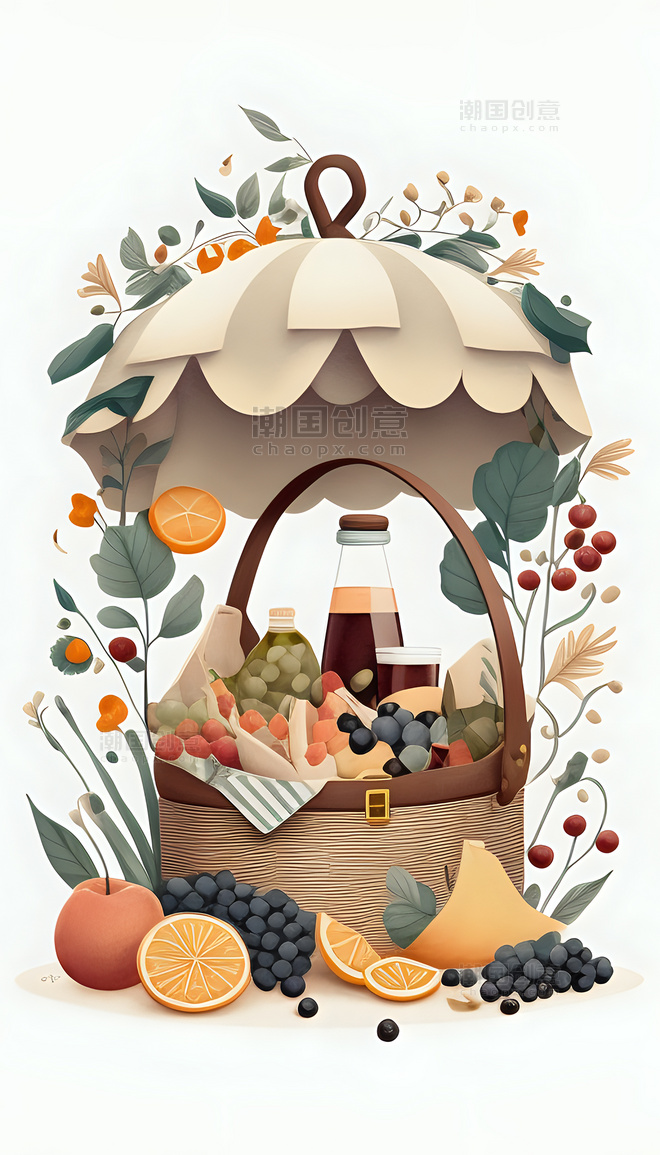 野餐篮水果食物卡通可爱野餐数字插画
