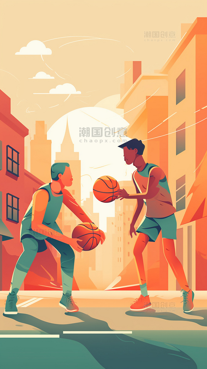 打篮球运动美式复古扁平风插画数字作品AI作品数字插画