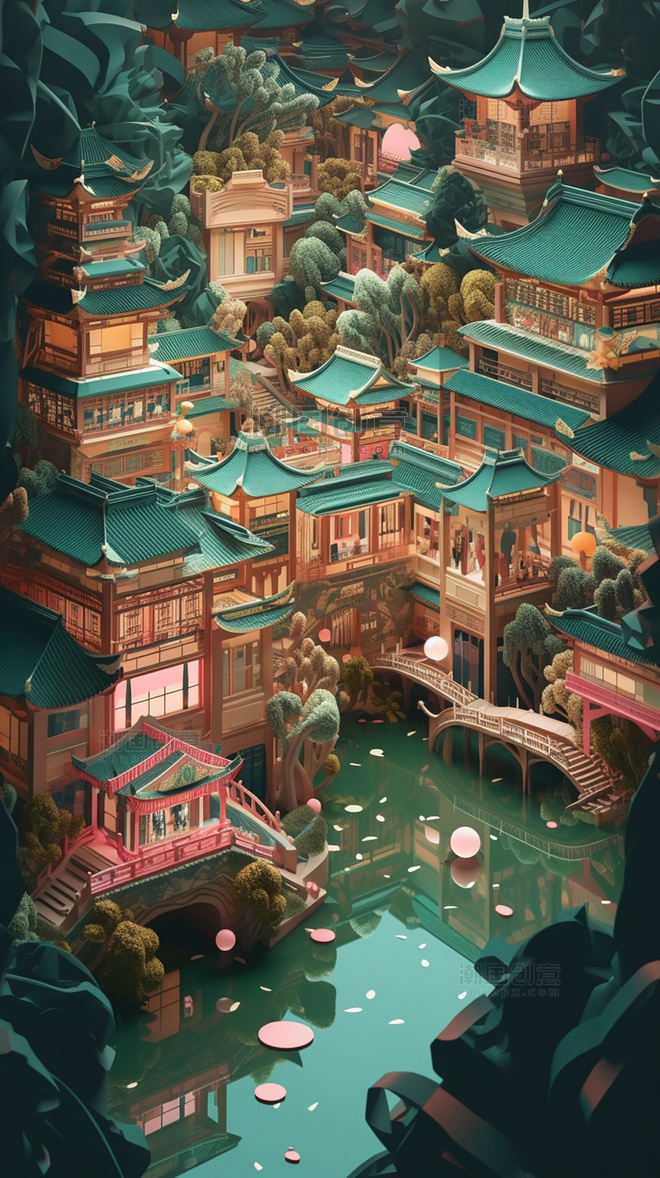 城市地标建筑中国风山水美式复古扁平风插画