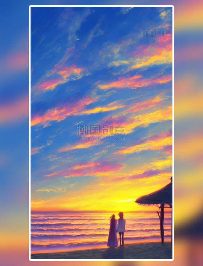 夕阳下海边沙滩散步的情侣数字艺术