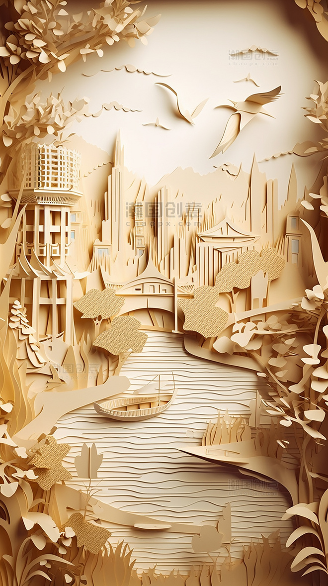 城市地标建筑中国风山水美式复古扁平风插画