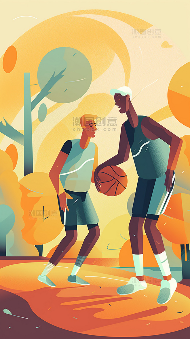 打篮球运动美式复古扁平风插画数字作品AI作品数字插画