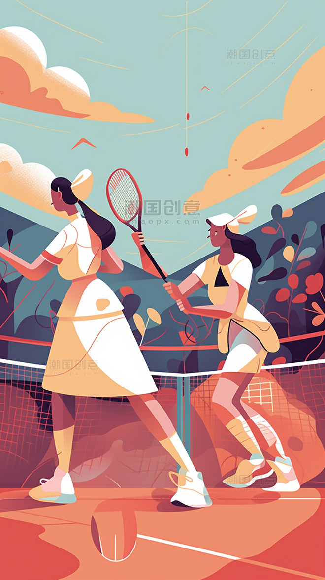 打网球运动美式复古扁平风插画数字作品AI作品数字插画