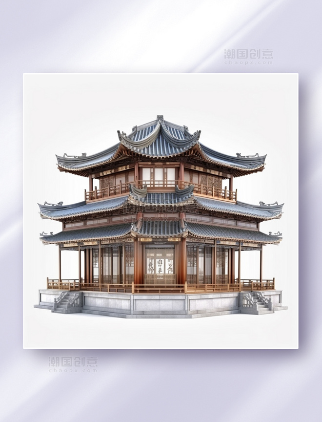 中国风现在中式仿古建筑八角凉亭三维立体可视化图纸效果图数字作品