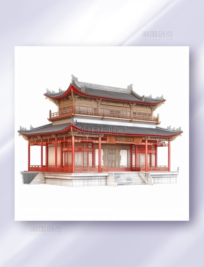 中国风现代中式仿古建筑三维立体可视图纸效果图