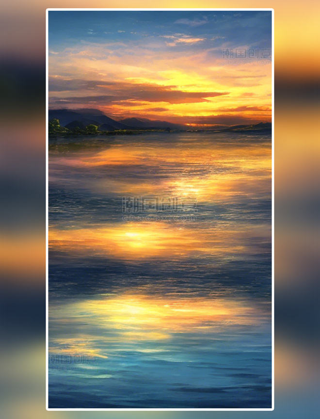 夕阳下绚丽多彩的湖面数字艺术
