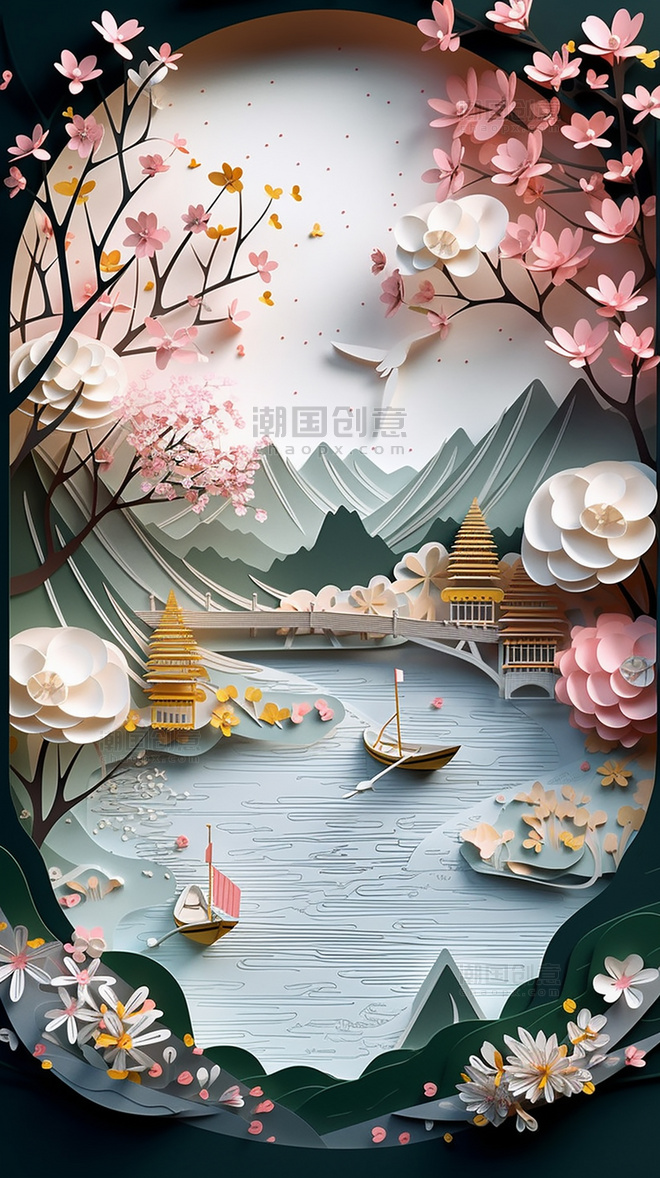 中国风城市地标建筑山水美式复古扁平风插画数字作品AI作品数字插画