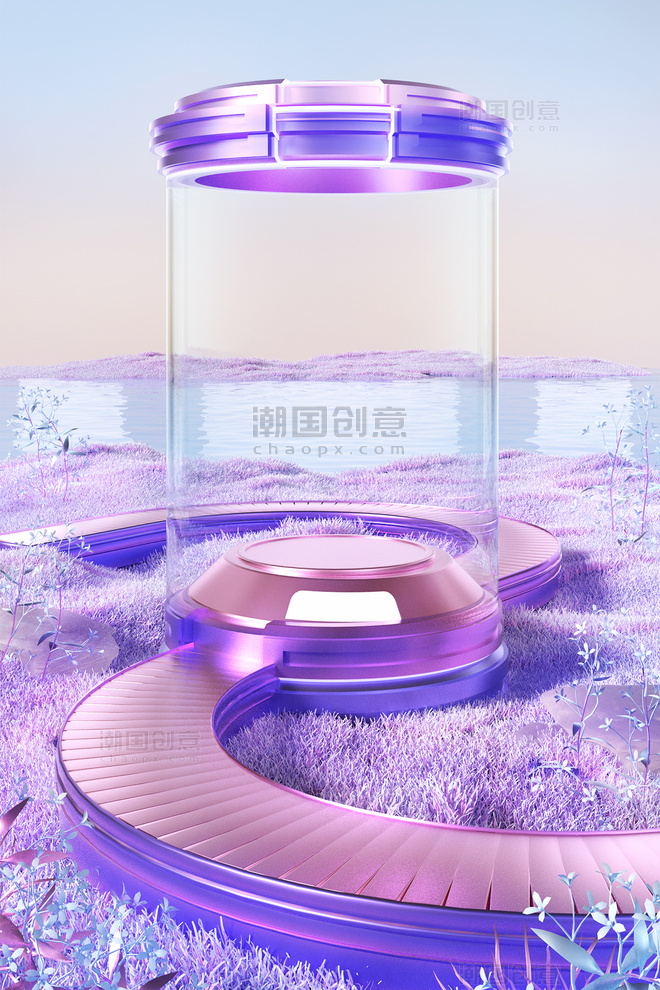 粉紫3D立体清新电商促销场景展台科技