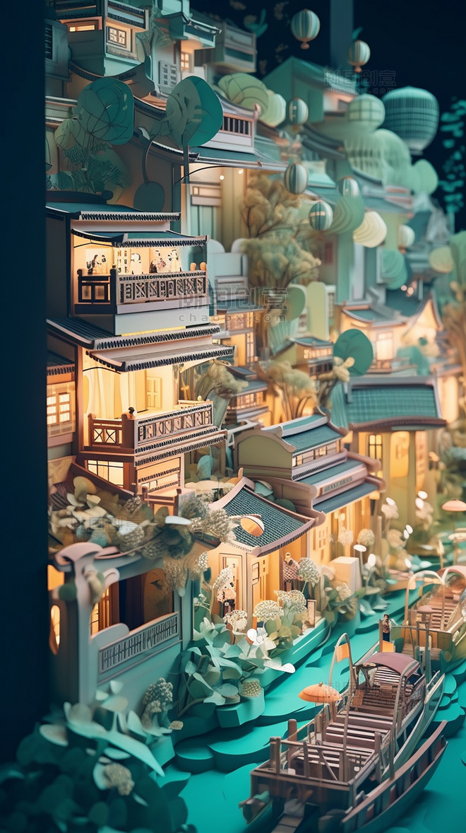 城市地标建筑中国风山水美式复古扁平风插画数字作品AI作品数字插画