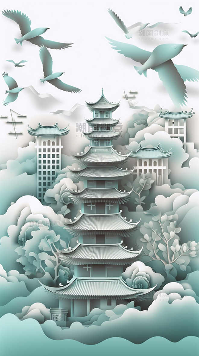 剪纸风中国城市地标建筑折纸风数字作品AI作品数字插画