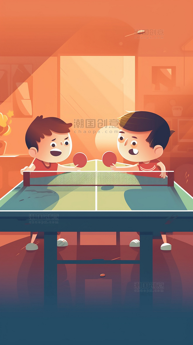 打乒乓球运动美式复古扁平风插画数字作品AI作品数字插画