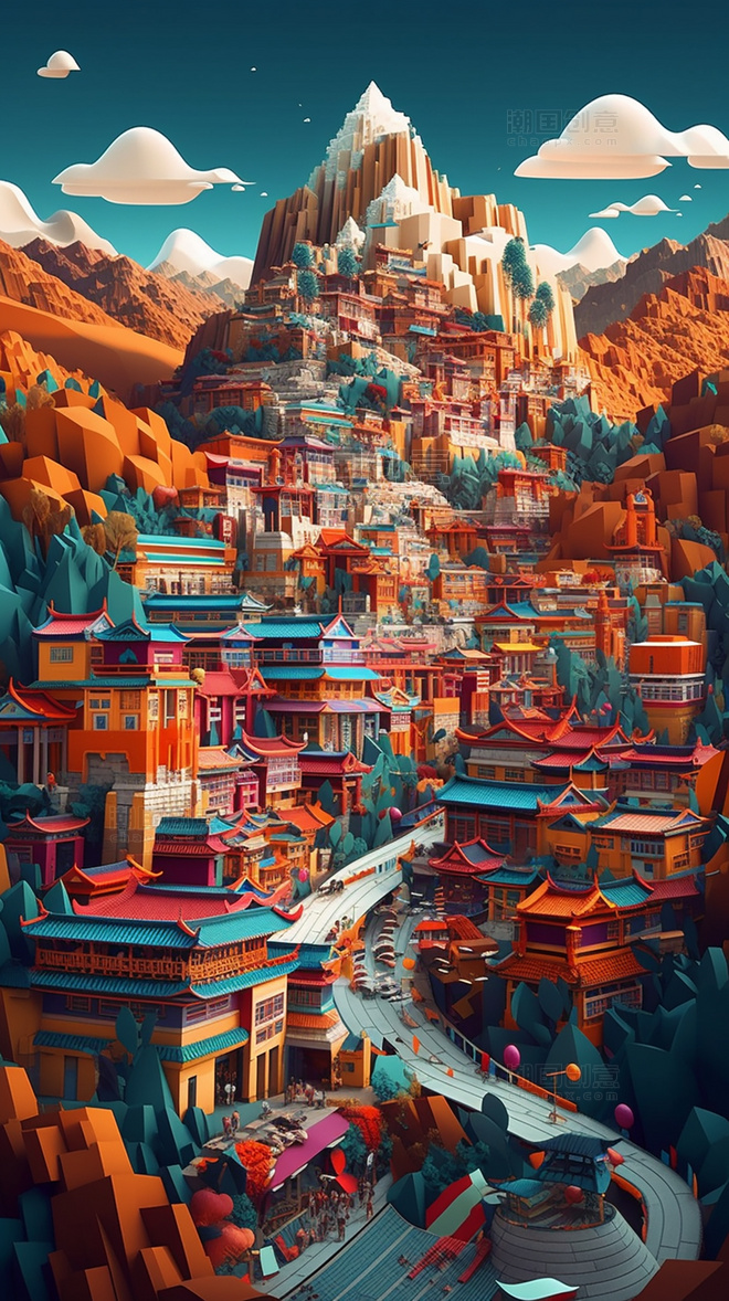 剪纸风中国城市地标建筑折纸风西藏