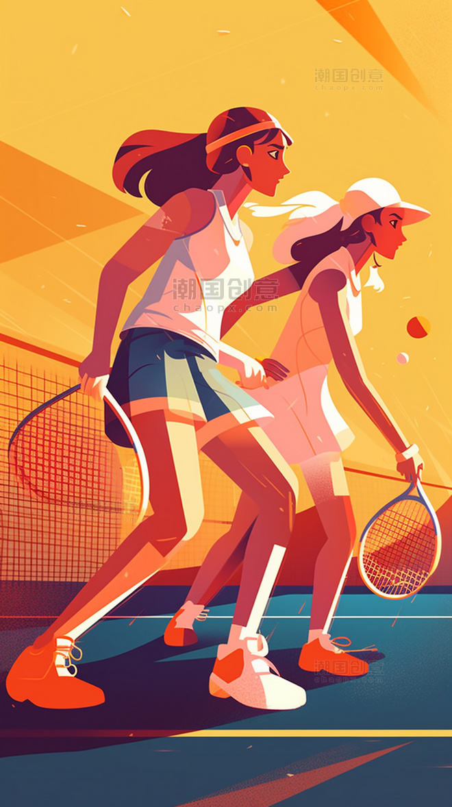 打网球运动美式复古扁平风插画数字作品AI作品数字插画