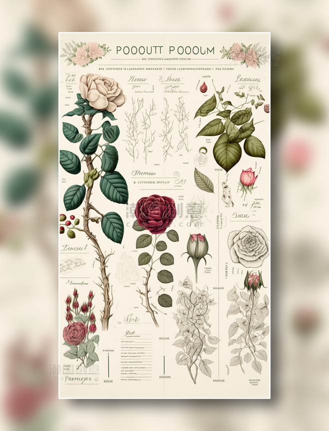 玫瑰花植物学报告风详解插图数字作品插画