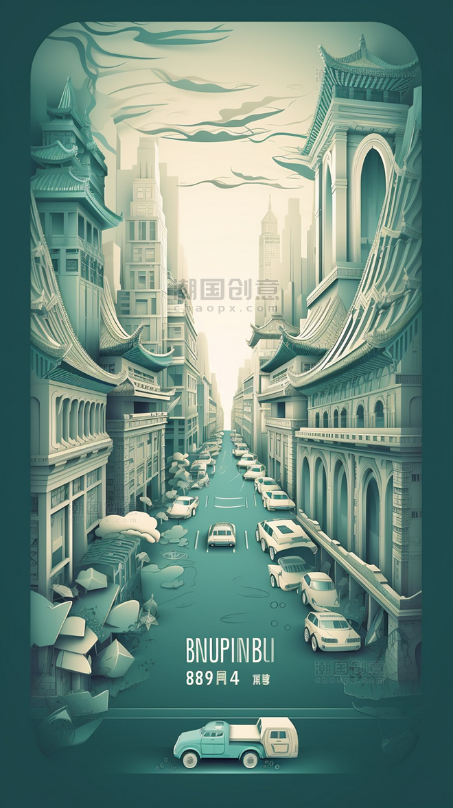 剪纸风折纸风中国城市地标建筑数字作品AI作品数字插画