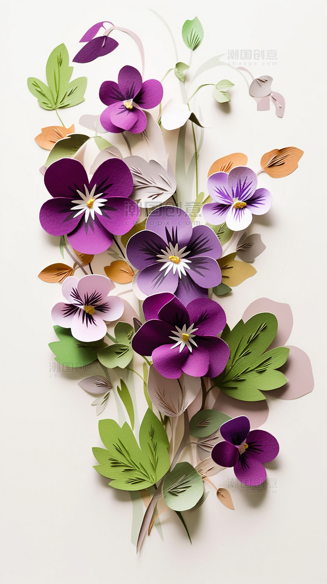 三色堇纸质插图花卉剪纸风层次丰富的花