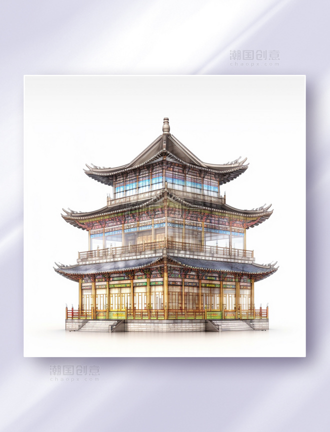 中国风现代中式仿古建筑三维立体可视化效果图插画