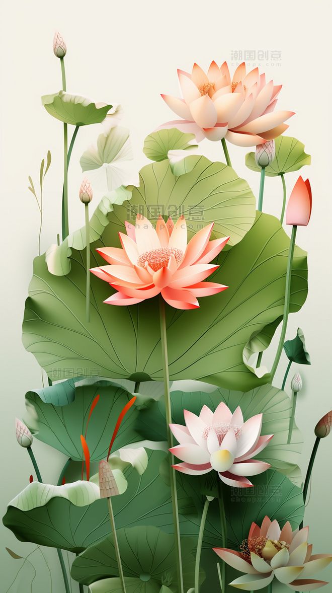 荷花小清新莲蓬纸质插图花卉剪纸风层次丰富的花图片_潮国创意