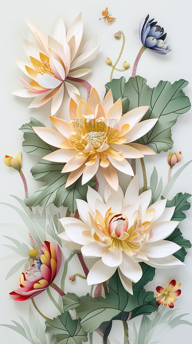夏天荷花植物纸质插图花卉插花艺术层次丰富的花