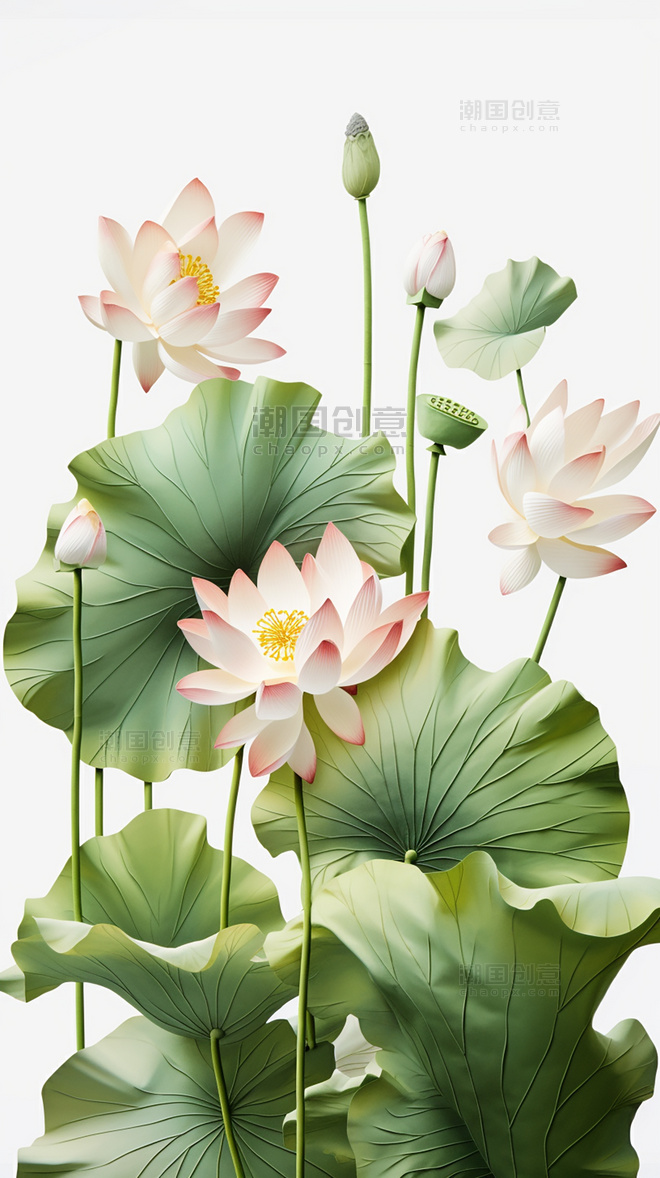 荷花小清新莲蓬纸质插图花卉剪纸风层次丰富的花
