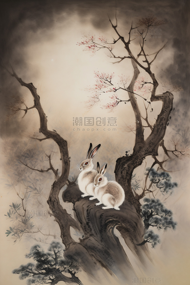 工笔画兔子中国水墨画国画