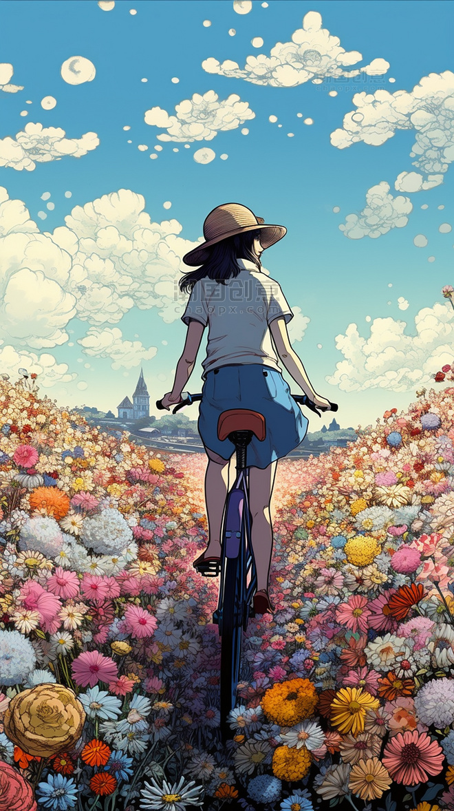 宫崎骏风动漫旅行小女孩自行车小清新花朵花海