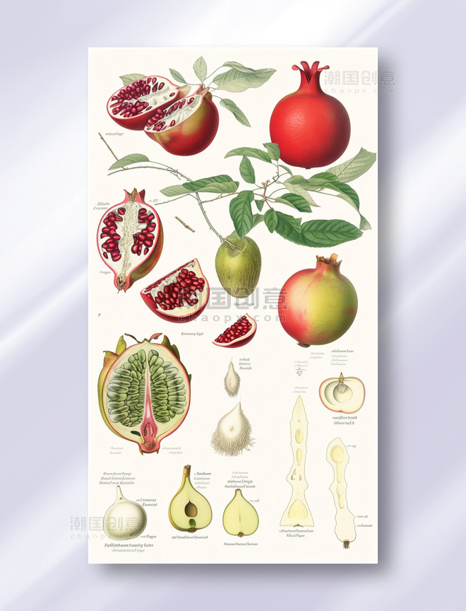石榴植物学解析报告风格水果插图插画