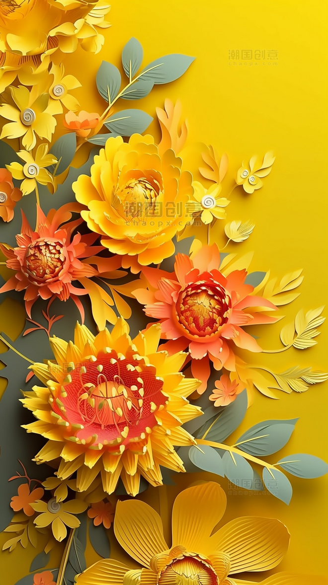 黄色花洋甘菊纸质插图花卉剪纸风层次丰富的花