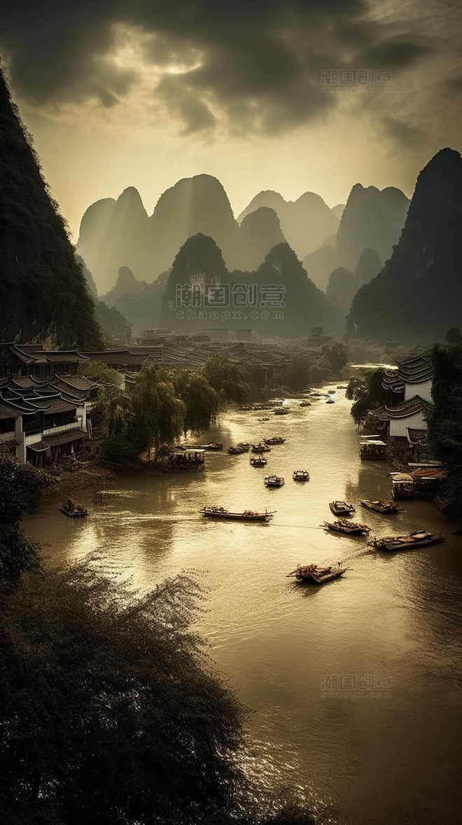 中国水墨画国画山水风景图插画游戏写实