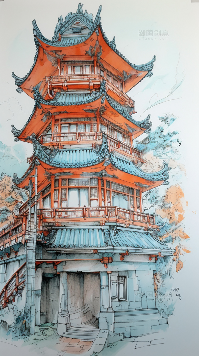 中国传统建筑超细节水彩画