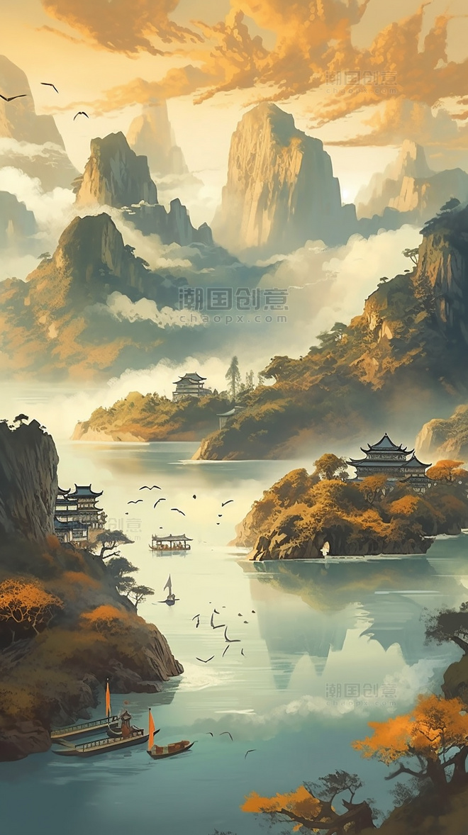 中国风景远山清河古建筑船只鸟类超生动的色彩平面插图风格