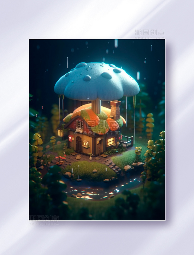 3D立体等距超写实微缩场下雨天的温馨蘑菇房创意插画
