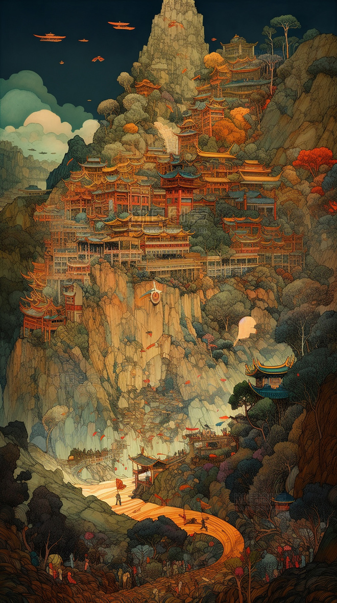 中国传统建筑浮世绘中国的河流山水超细节水彩画