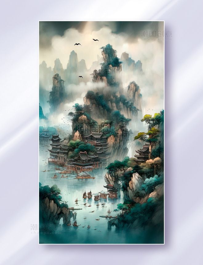 中国水墨画山水飞鸟云雾古建筑大气绚丽霞光图风景山水图片_潮国创意