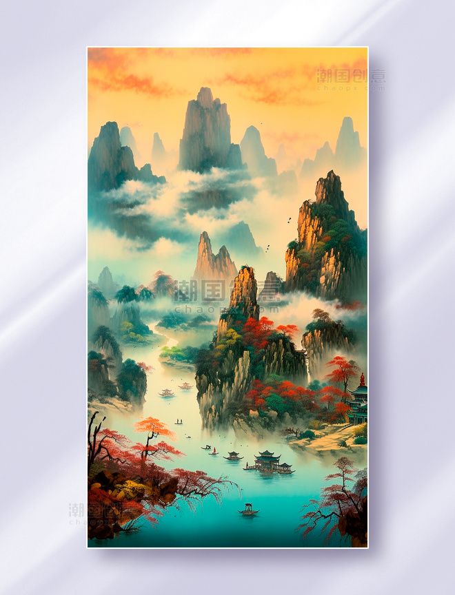 彩色山水圖 水彩山水图水彩山水图古风– 博物迷