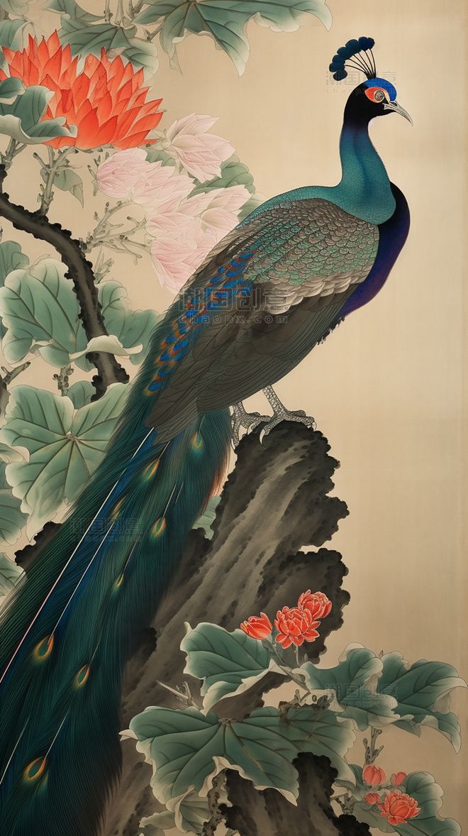 花鸟孔雀中国水墨画国画工笔画树木绘画作品图片_潮国创意