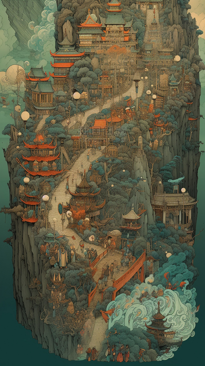 中国传统建筑浮世绘中国的河流山水超细节水彩画