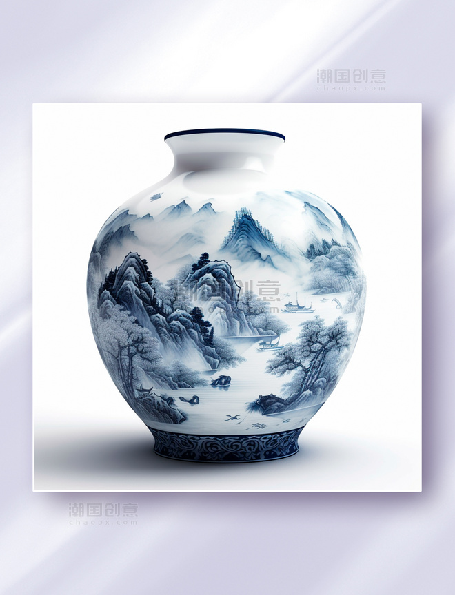 中国风青花瓷瓶古代山水风景图插画花瓶图片_潮国创意