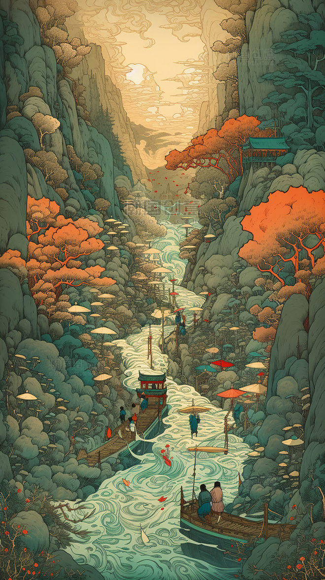 浮世绘中国传统建筑中国的河流山水超细节水彩画